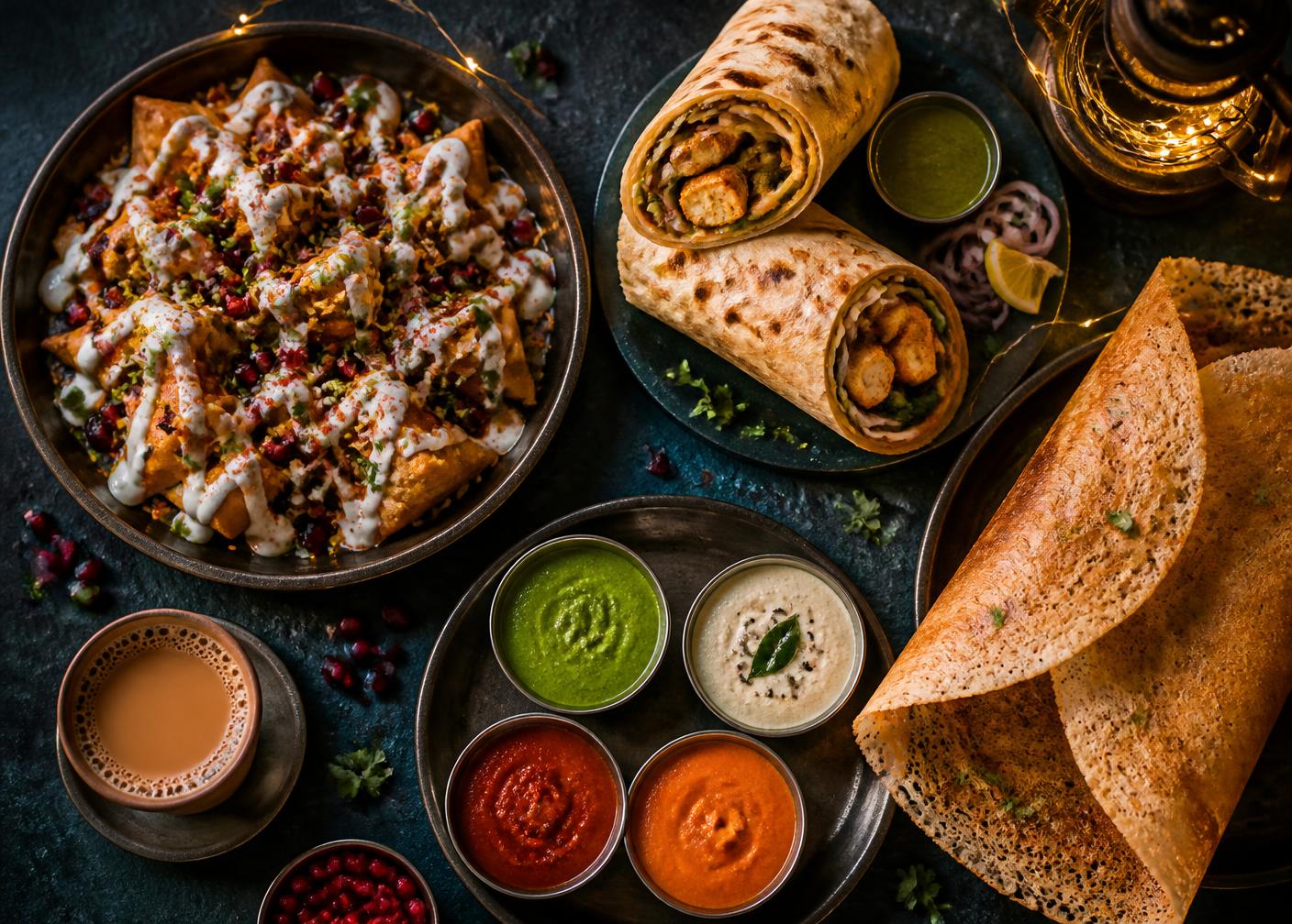 Samosa chaat, kathi rolls, dosa and chutneys on a dark table